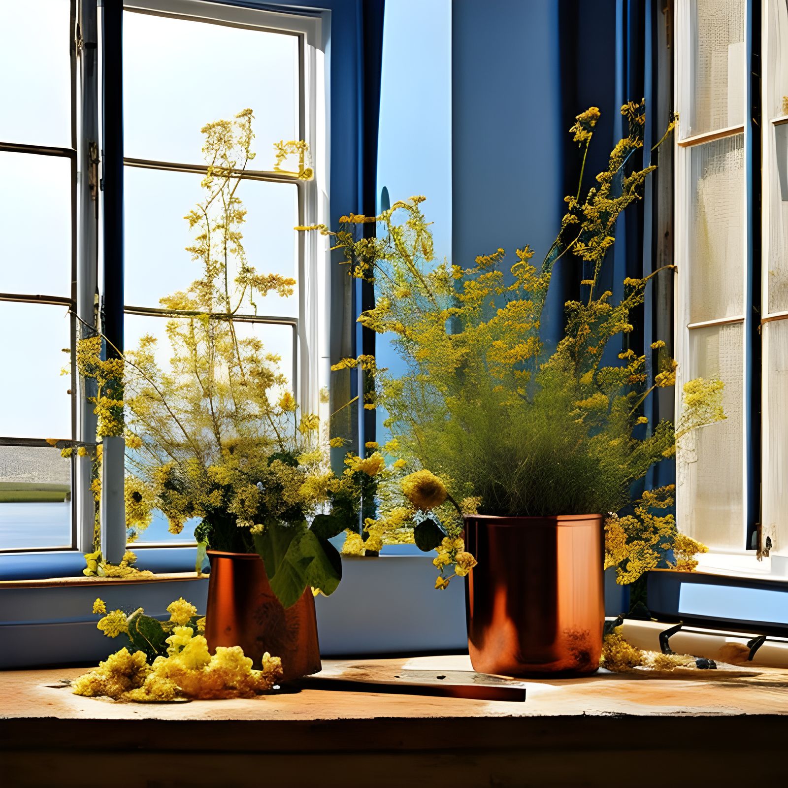 Golden Blooms in Delft Blue, Against Radiant Light