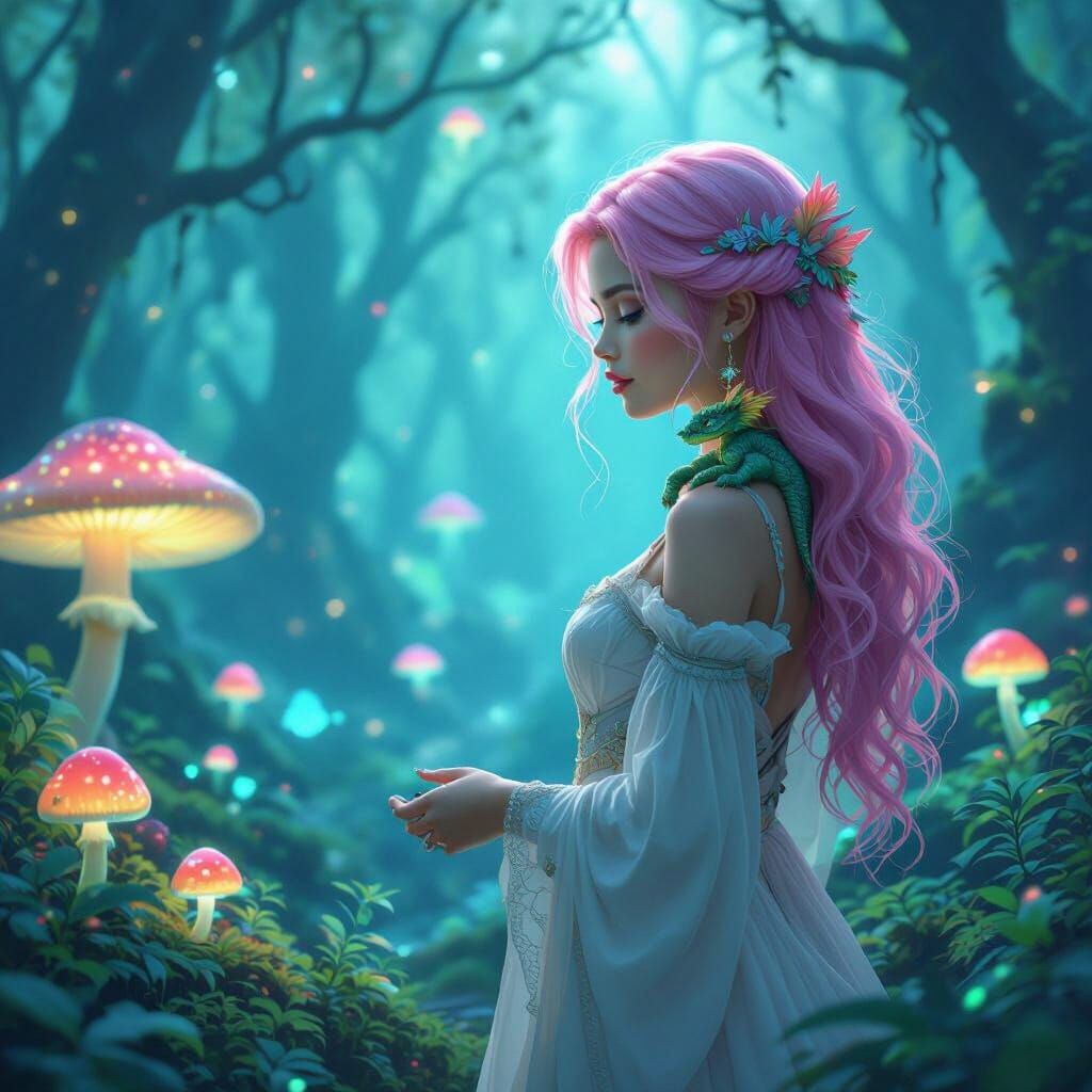 Pink-Haired Woman and Dragon in Bioluminescent Forest