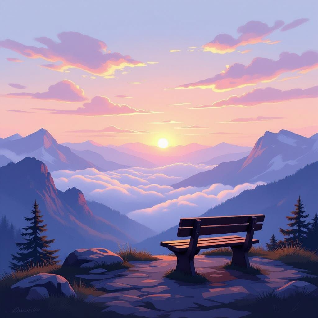 Serene Mountaintop Vista at Dawn, Ethereal Glow
