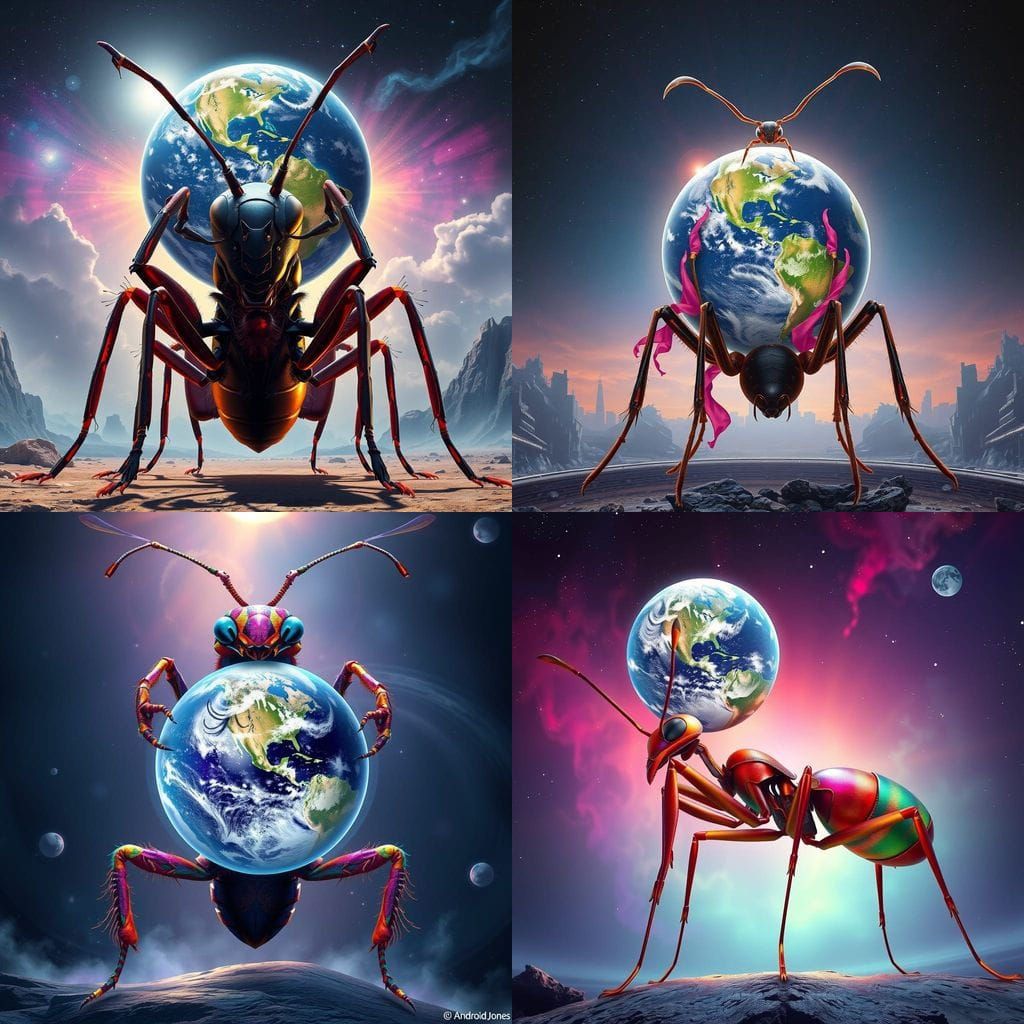 Giant Ant Lifts Earth: Cosmic Surrealism