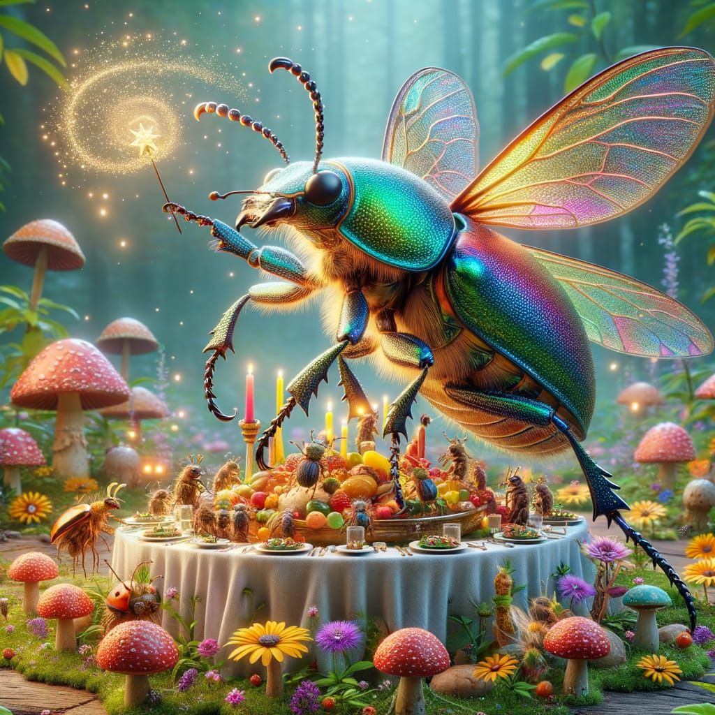 Iridescent Beetle Fairy in Magical Garden, 3D Render