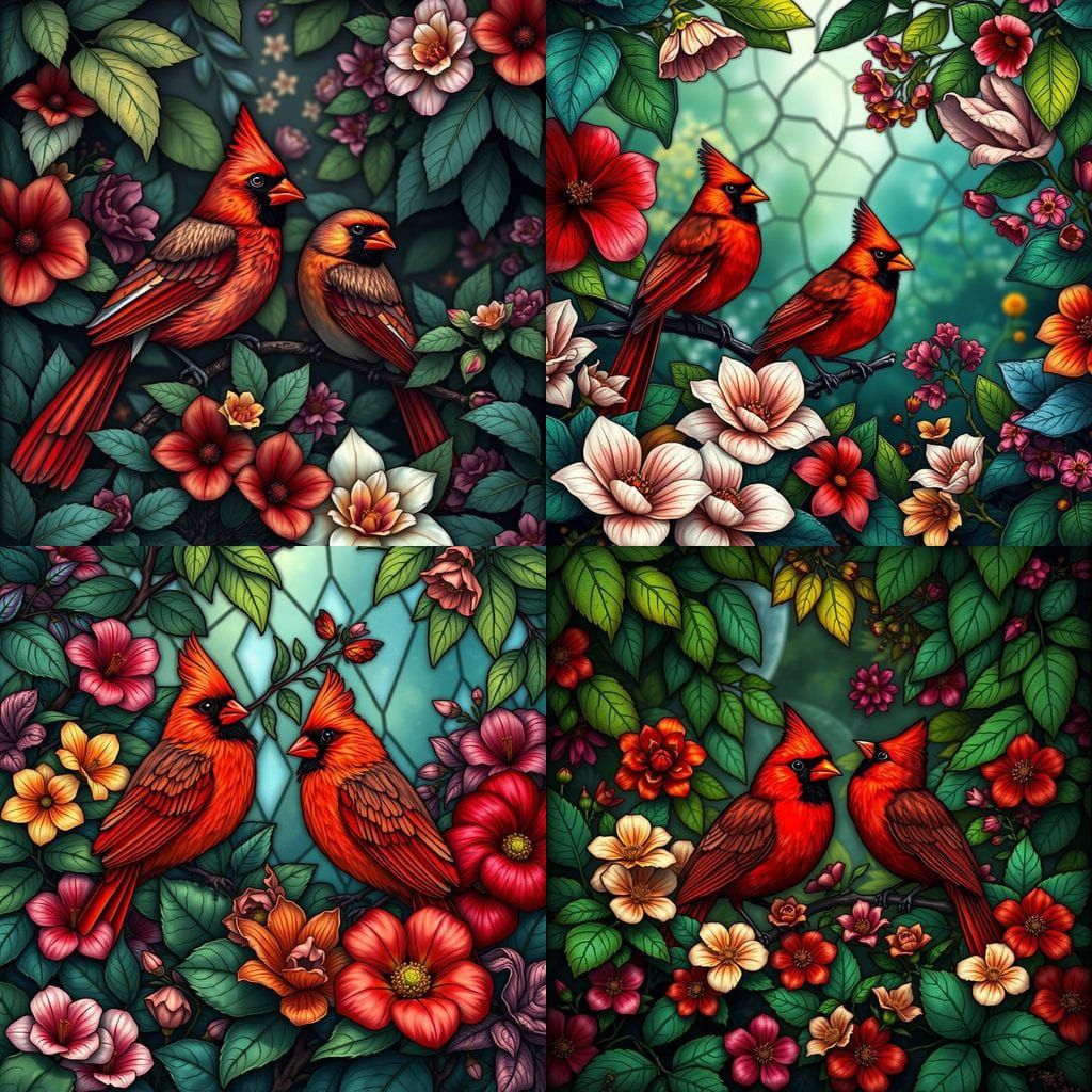 Vibrant Cardinals in a Fantastical Stained Glass Landscape