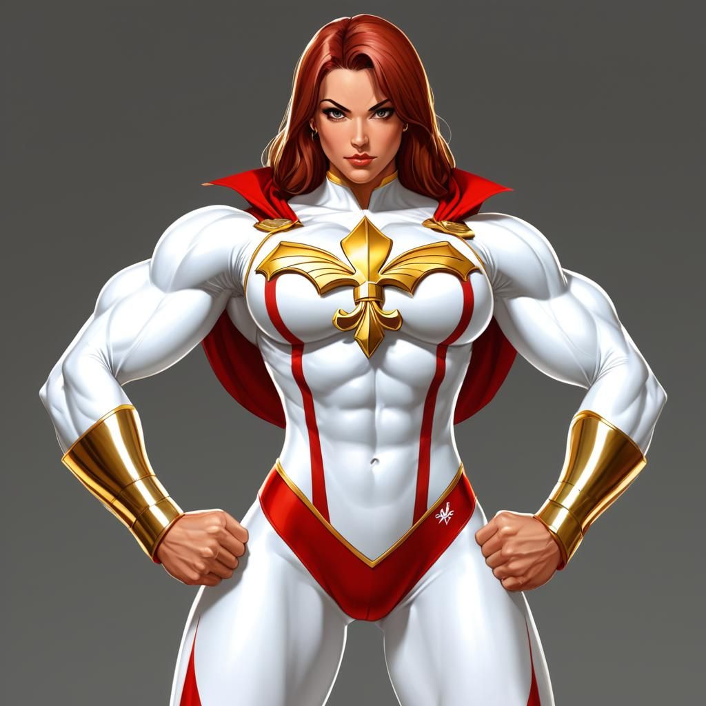 A French female caped superhero in white and red tights with gold trim. Chest Emblem with the Fleur de lis, Female Bodyb...