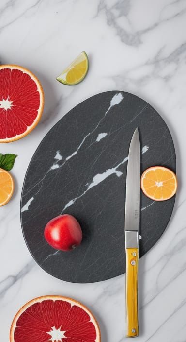 Bright Marble Surface with Fruit and Knife