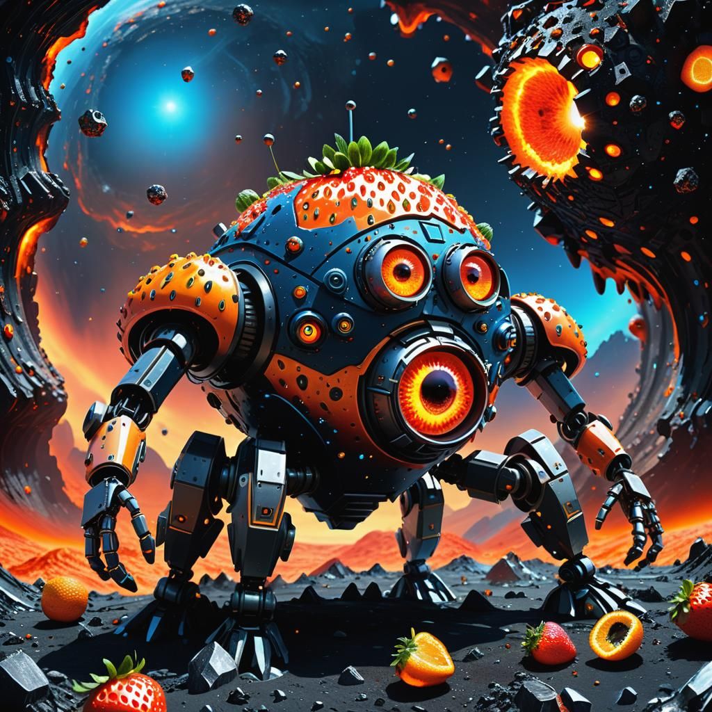 Glowing Strawberry Robot Mined Lava Crystals near Black Hole...