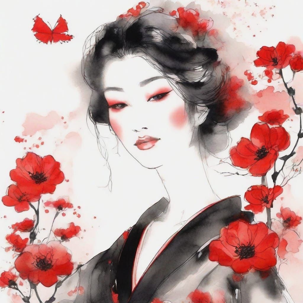 Geisha in Ink Wash Style with Floating Petals