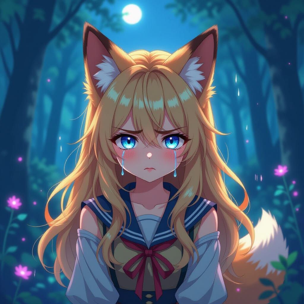 Anime Fox Girl in Mystical Forest at Twilight