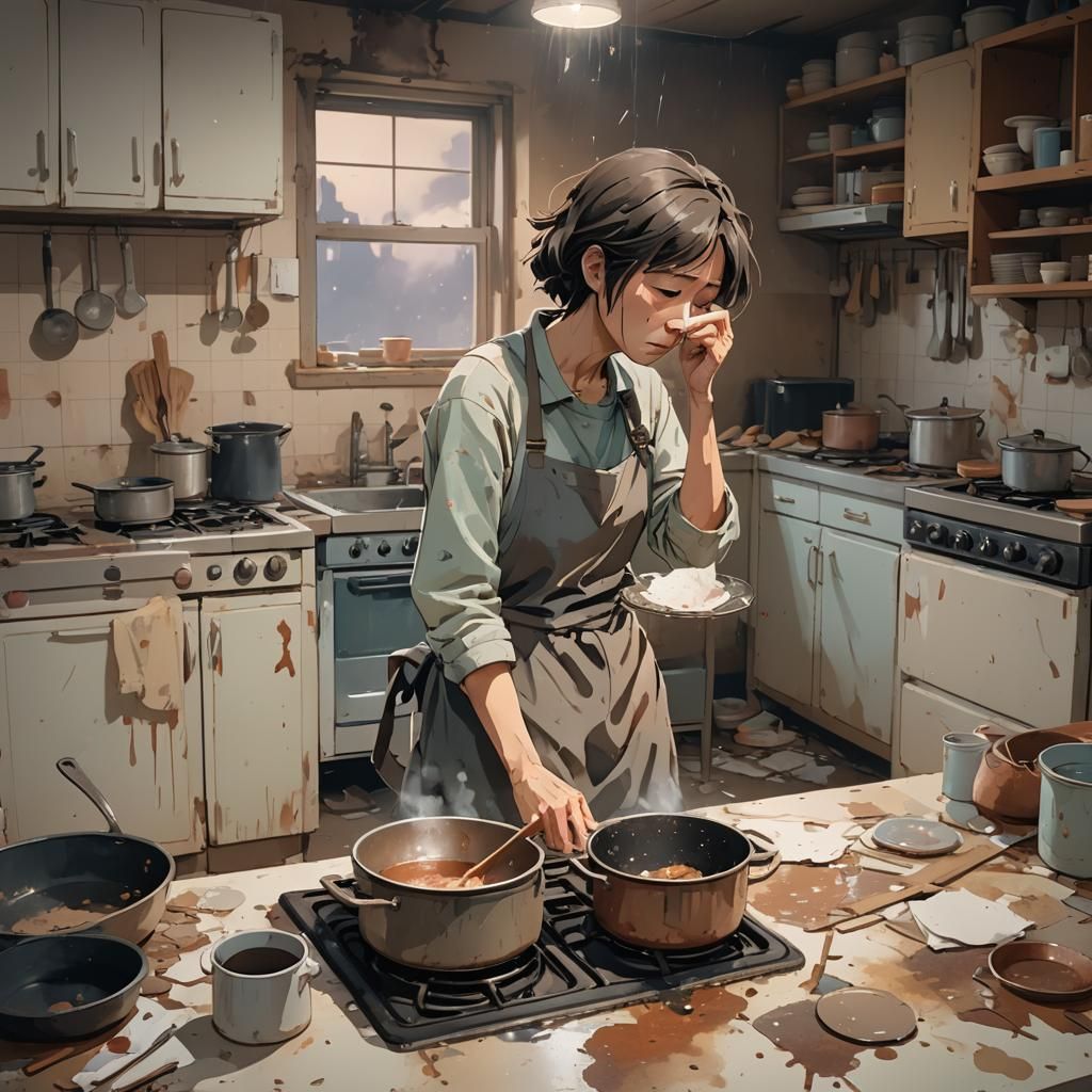 Depressed Mother in Muted Cartoon Kitchen Scene