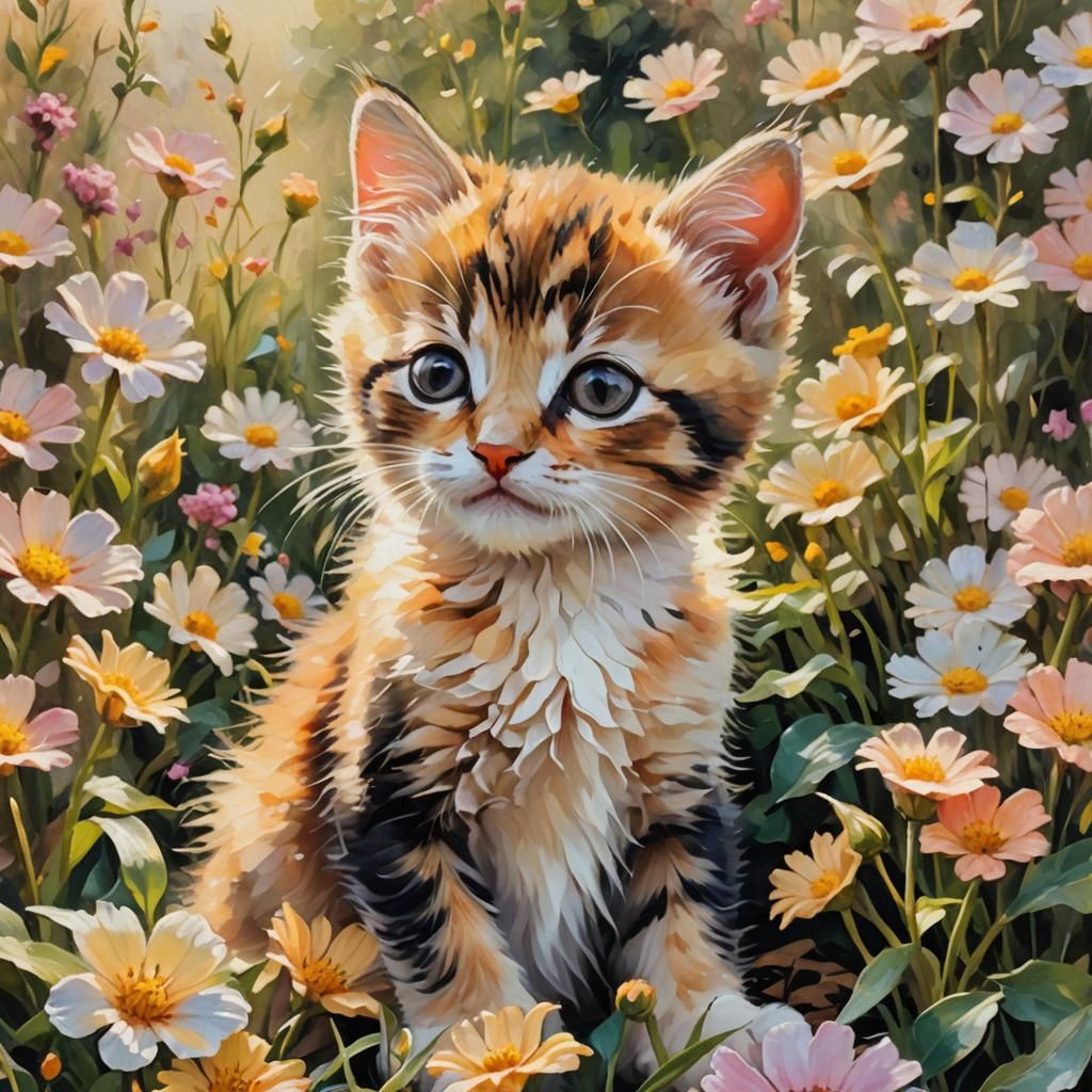 Kitten in Impressionist Flower Garden
