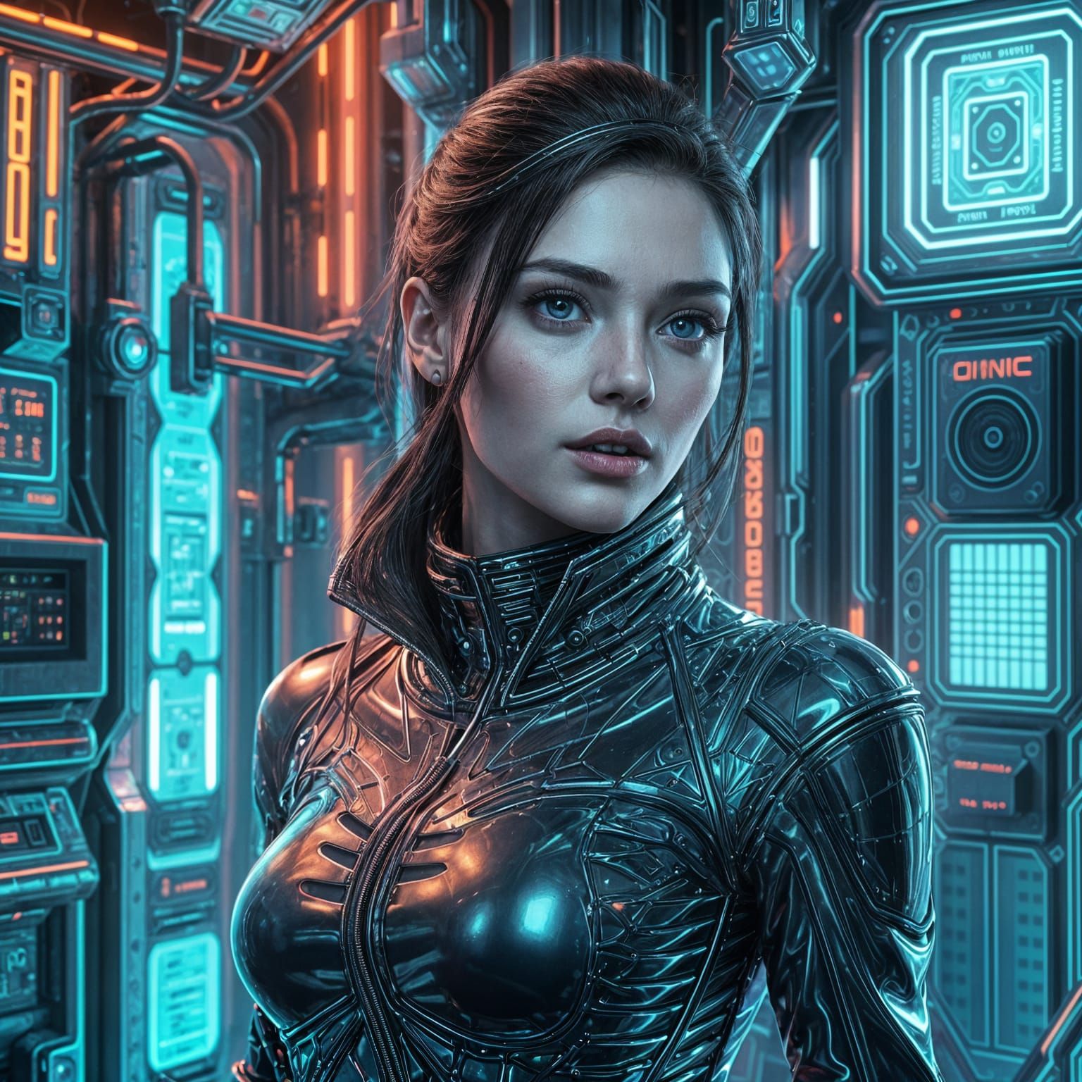 Hyperrealistic Woman in Cyberpunk Techno Outfit