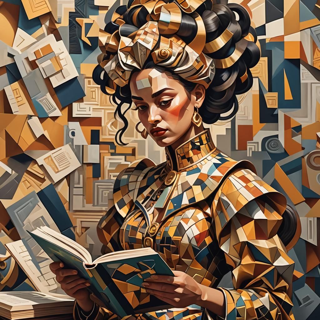Cubist Woman Reads from a Massive Tome in Golden Hour