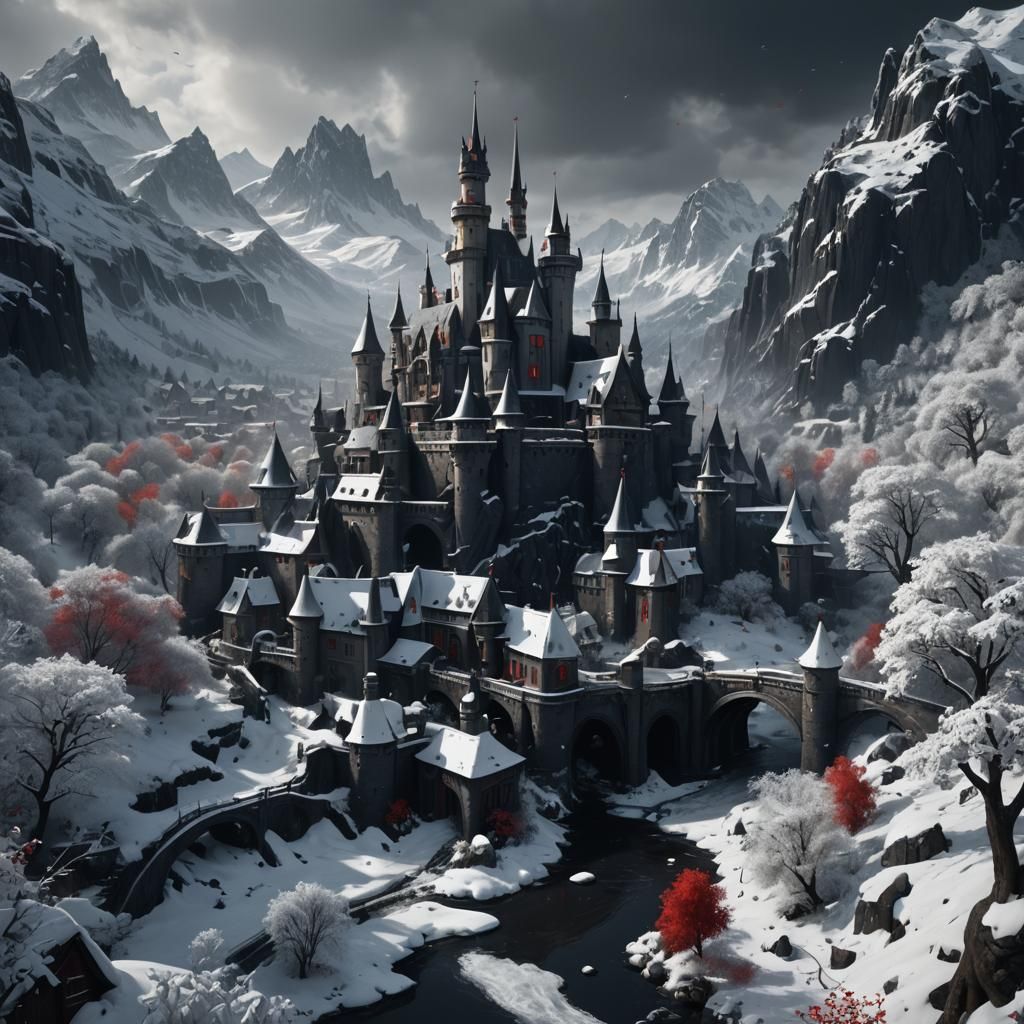 Surreal Black Snowfall in Monochrome Landscapes