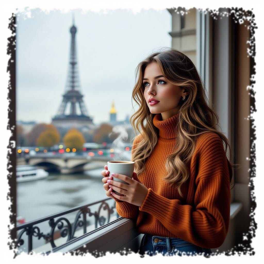 Parisian Cafe Scene: 1970s Woman in Autumn Rain