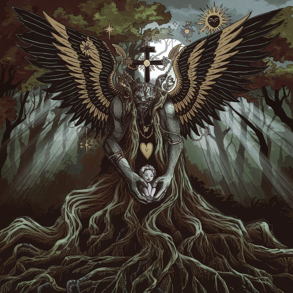 Ancient Tree Spirit Protects Child in Dark Fantasy Art