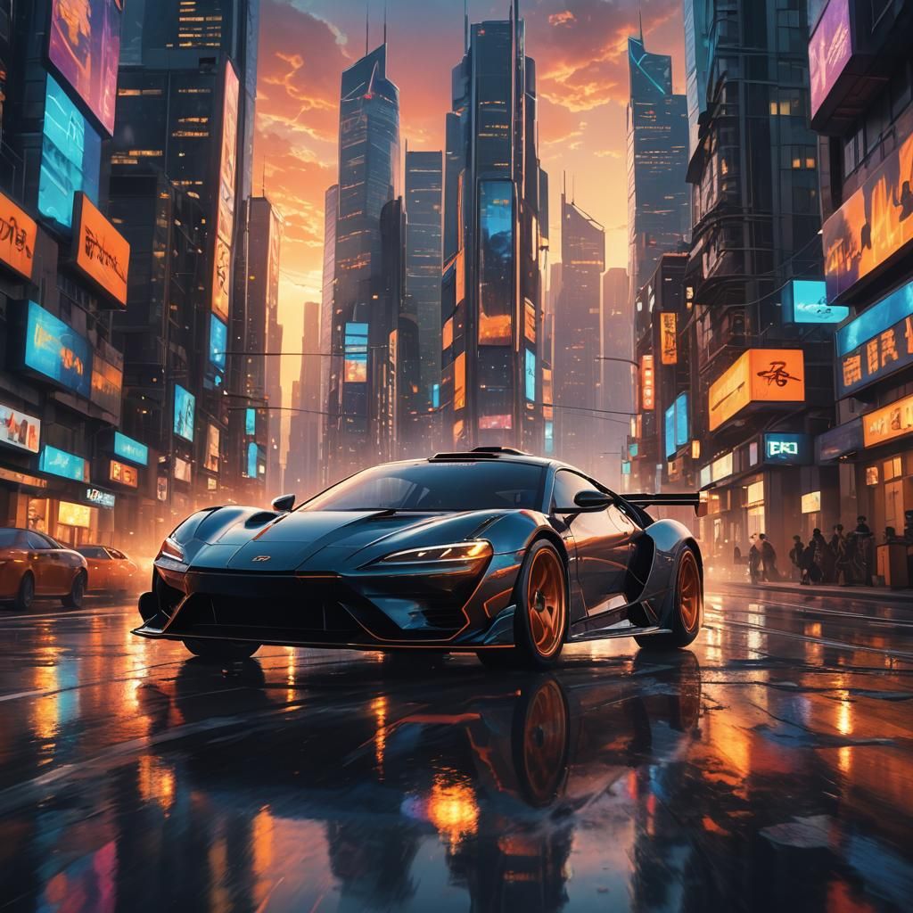 High-Tech JDM Speedster Speeding Through Futuristic City at....