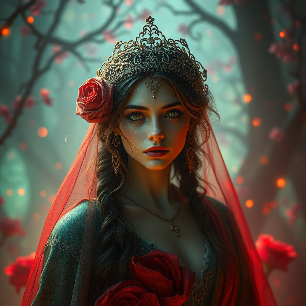 Surreal Heroine in Enchanted Realm with Velvety Textures