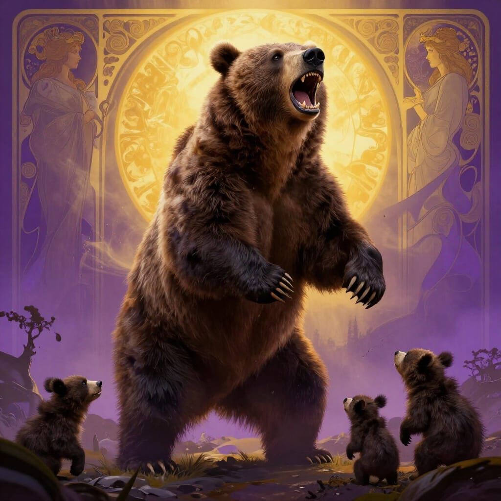Fierce Grizzly Bear Protects Cubs in Dark Fantasy Art