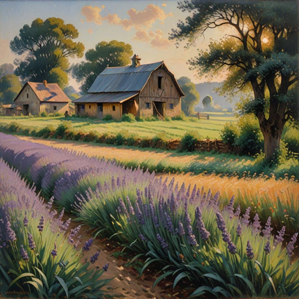 Impressionist Oil Painting of Lavender Fields
