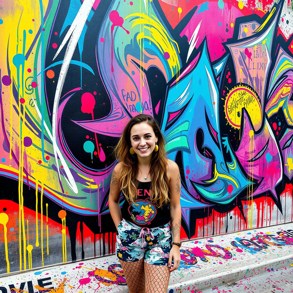 Vibrant Street Artist in Front of Immersive Graffiti Mural