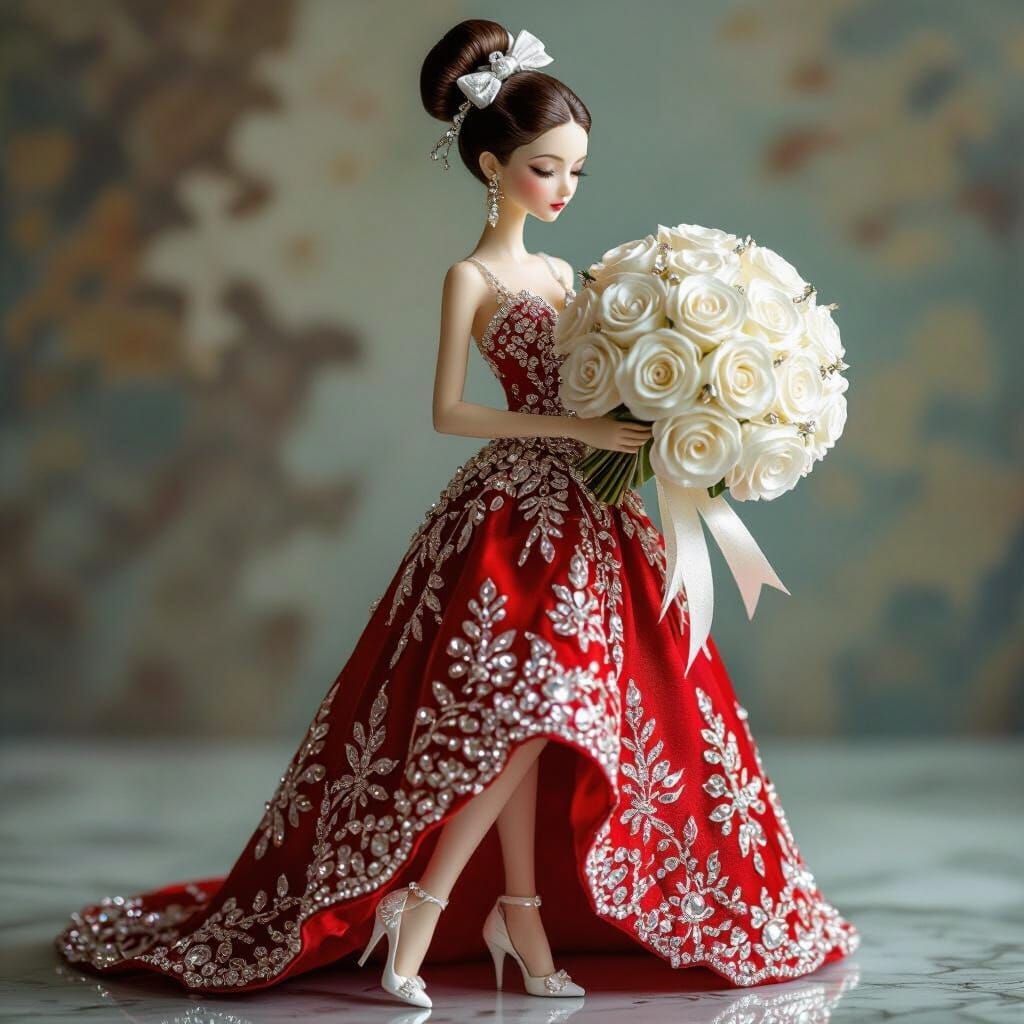 Crystal Rose Girl in Red Dress, Art Nouveau & Surreal Style