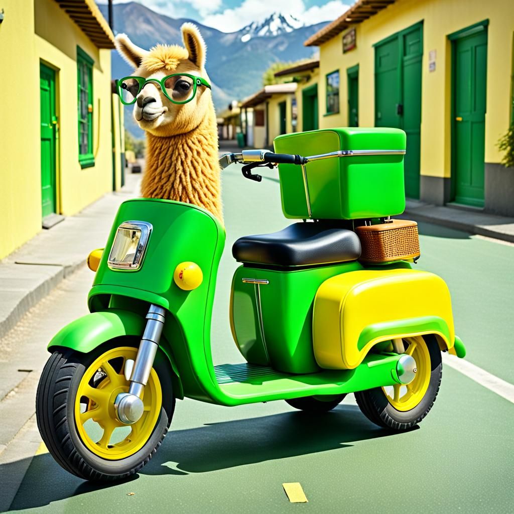Vibrant Yellow Llama Cruising on Green Motorbike