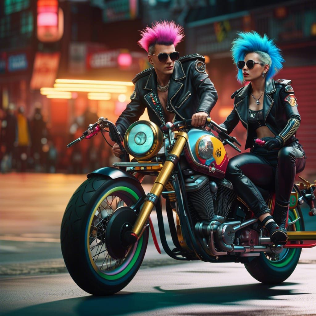 Vibrant Punk Couple Zooms by on High-Speed Choppers