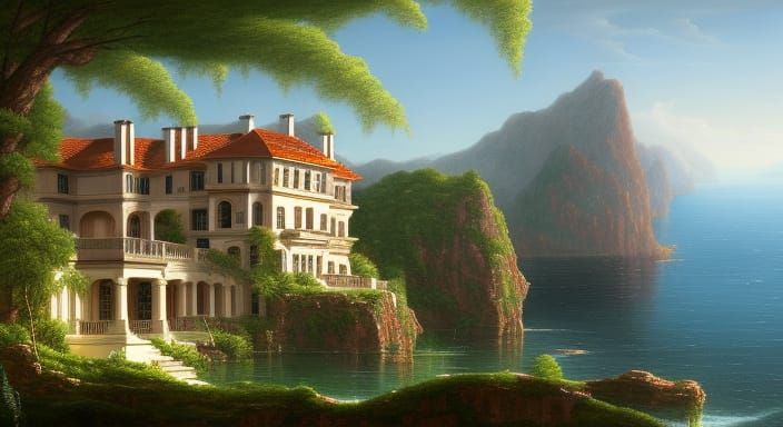 Majestic Cliffside Estate in Oil Painting Style
