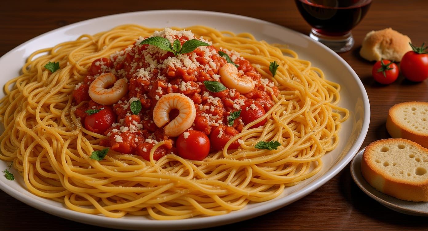 Hyperrealistic Pasta with Garlic Bread and Wine