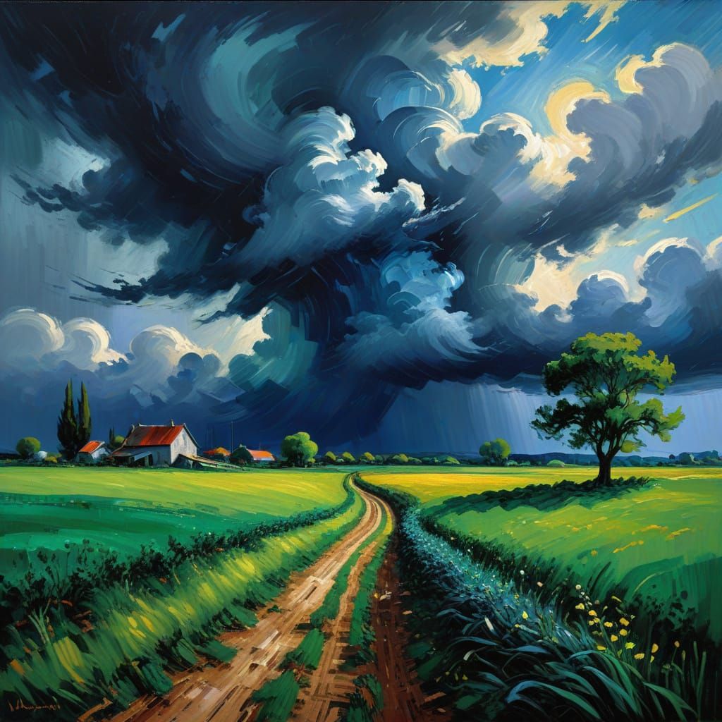 Stormy Farm Landscape in Expressive Impasto Style