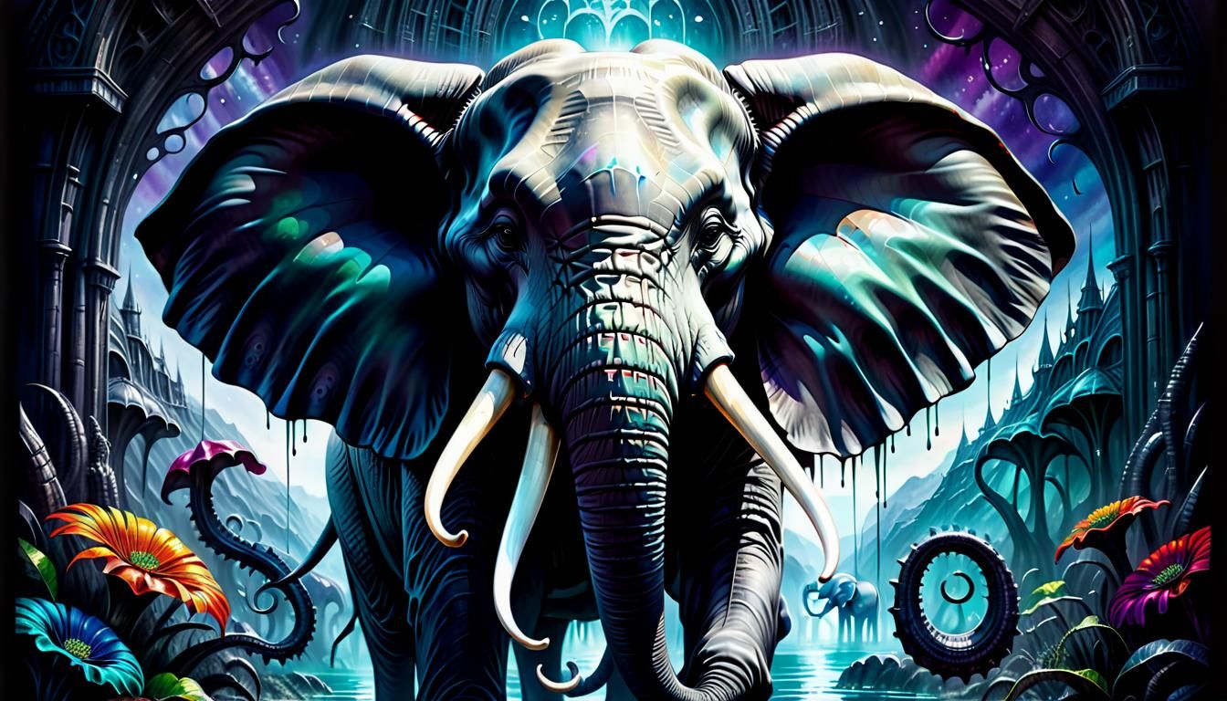 Gothic Elephant in Vibrant Watercolor Giger Style