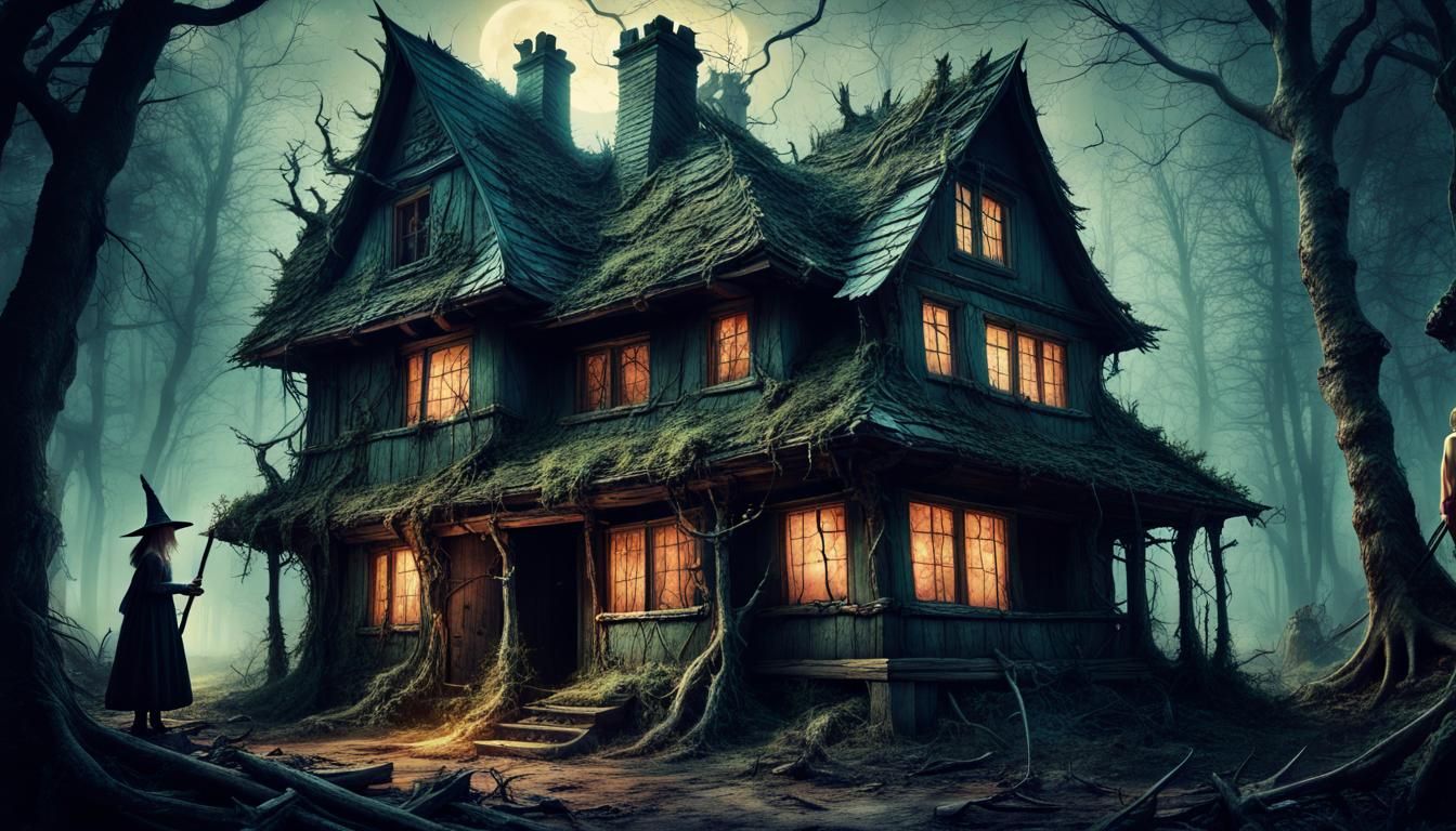 Whimsical Autochrome Witch House Scene Under Moonlight