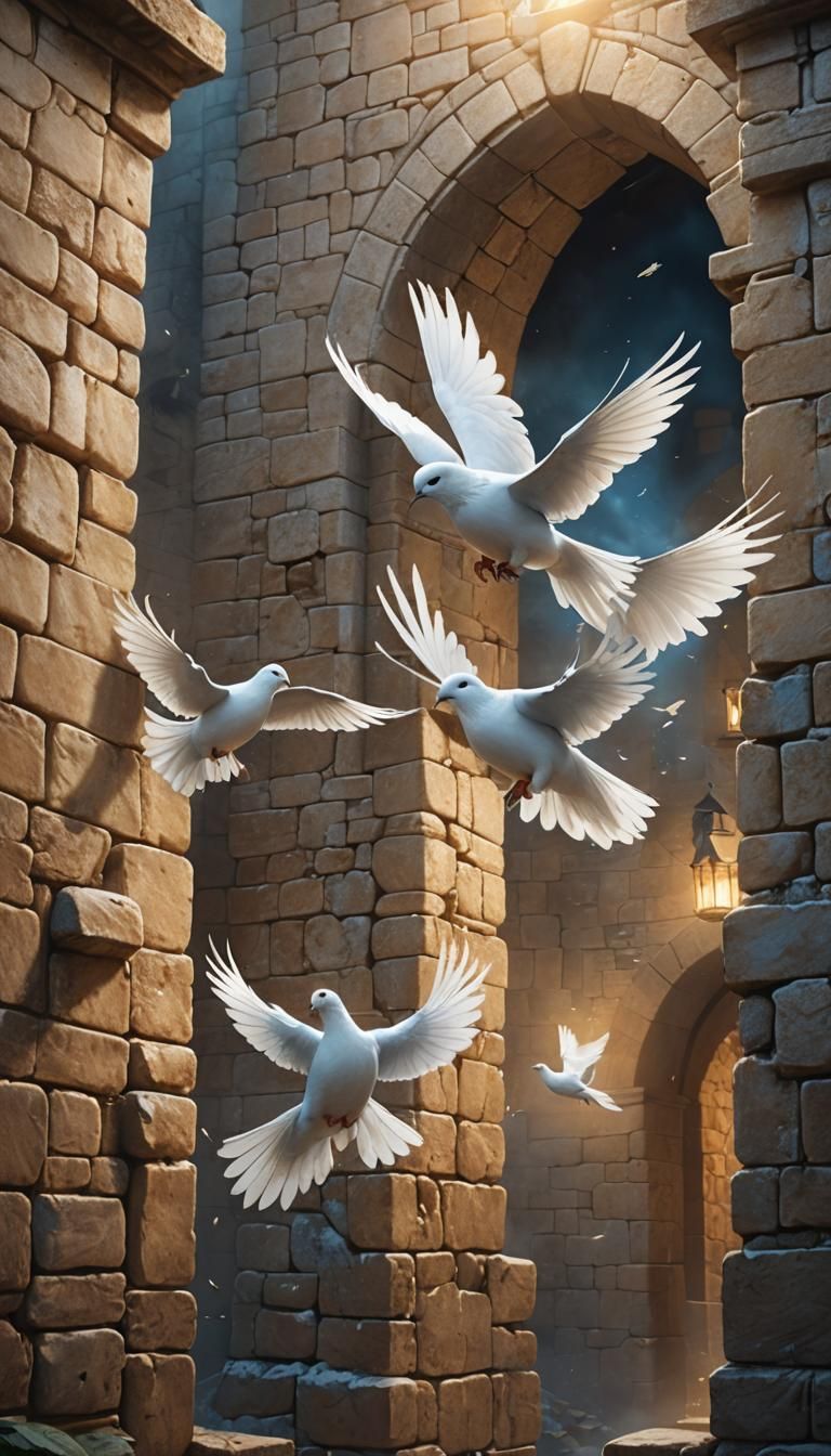 White Doves Fly Through Medieval Stone Wall in Stunning Fant...