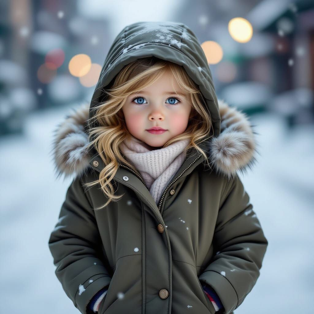 Cold 3-Year-Old Girl in Winter Coat on Rainy Day