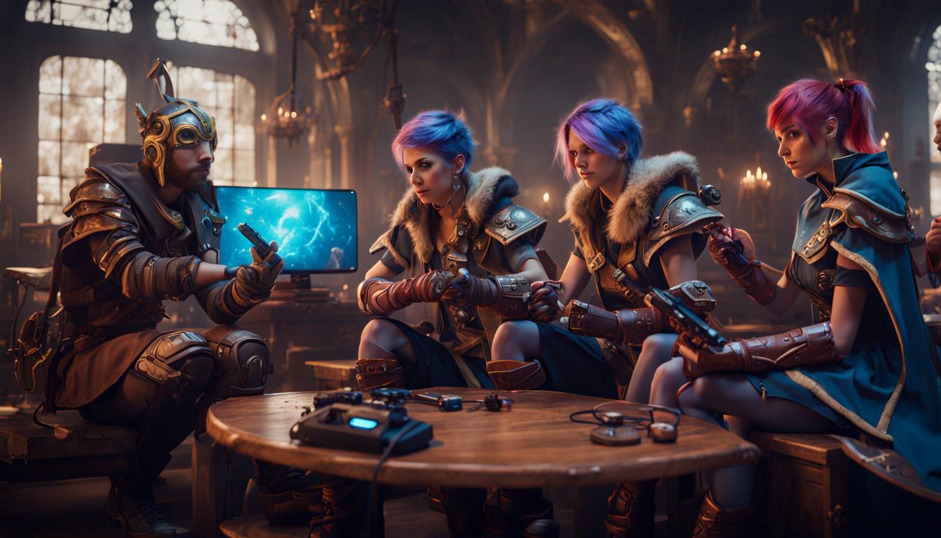 small group of cosplaying friends playing video games at a g...