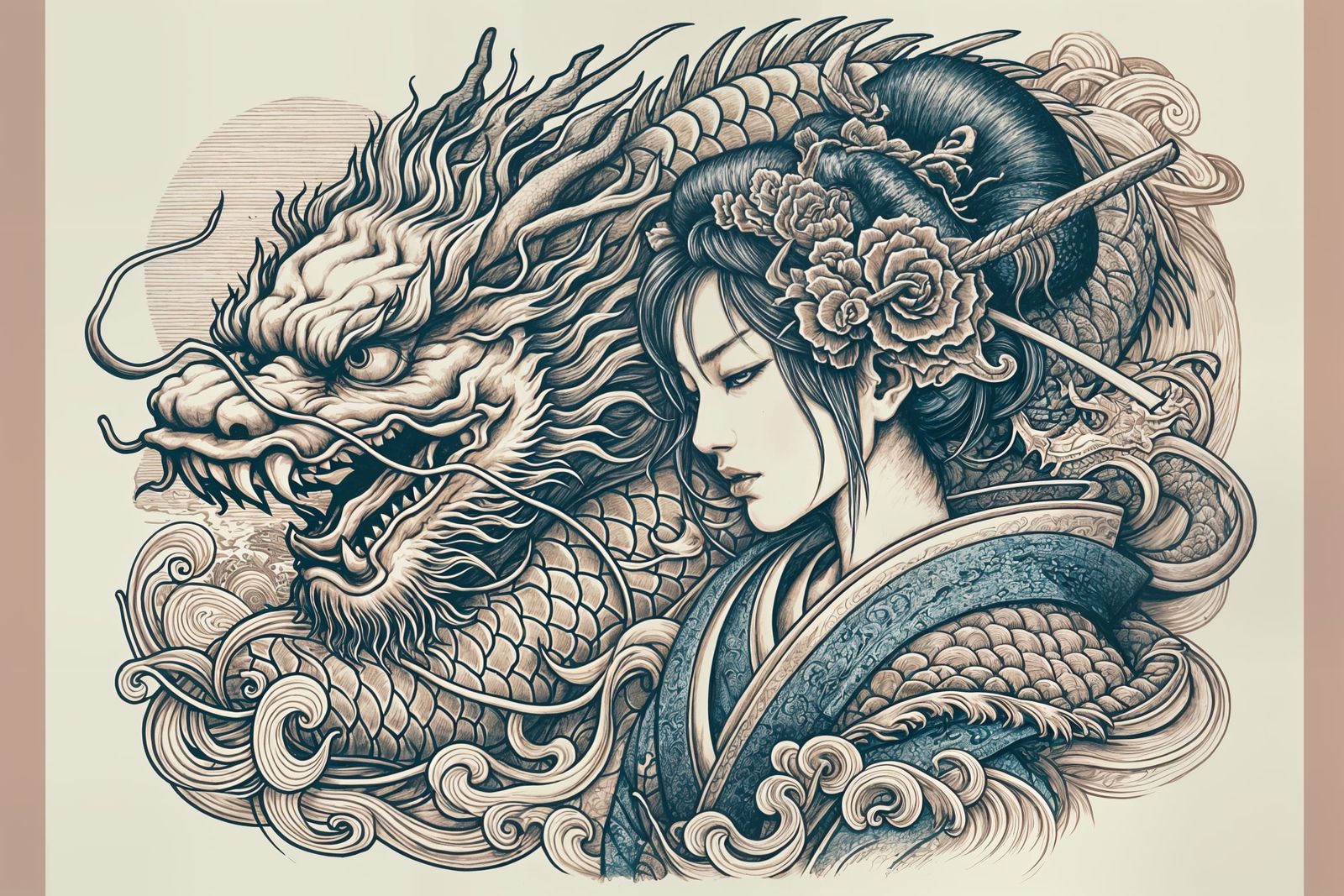 Mysterious Japanese Warrior and Dragon in Soft Ink Art
