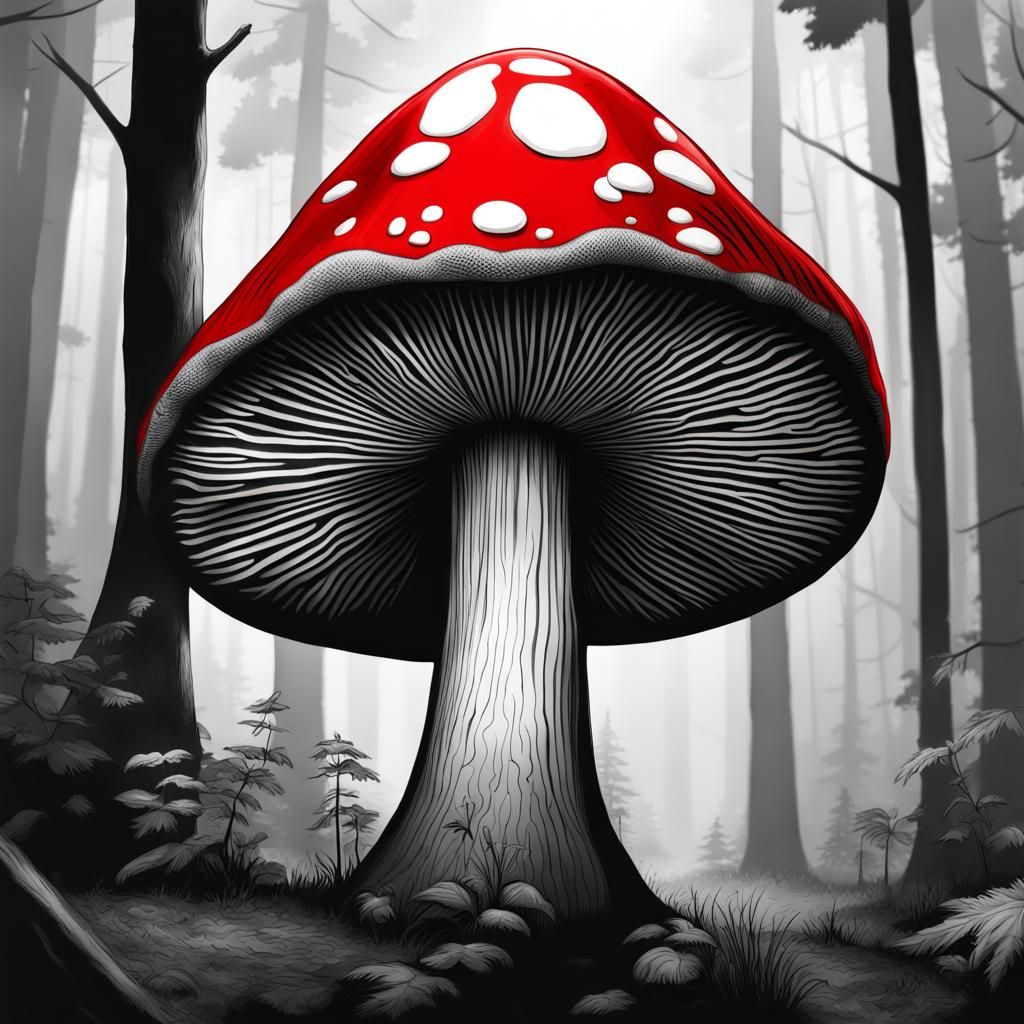 Majestic Red Fungus Emerges from a Black and White Forest La...
