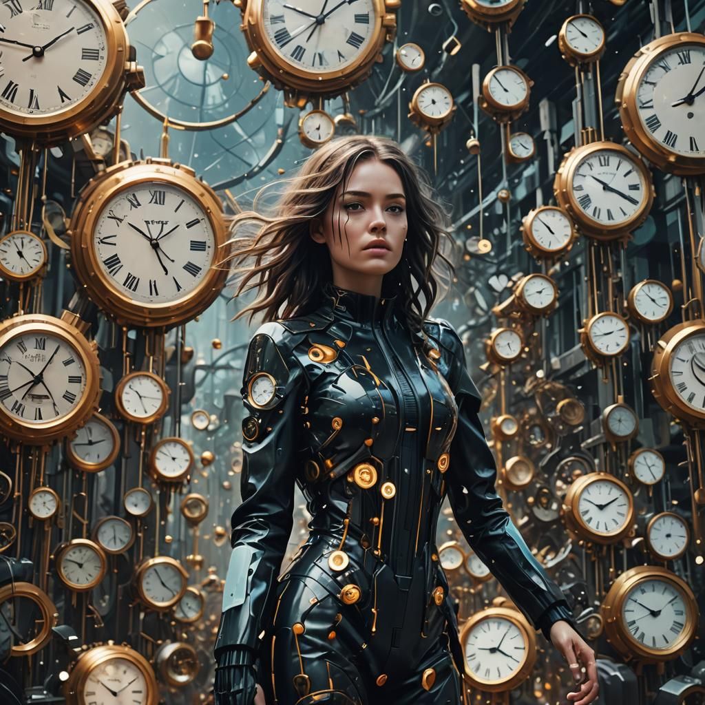 Glitching Girl in a Melting Clockscape