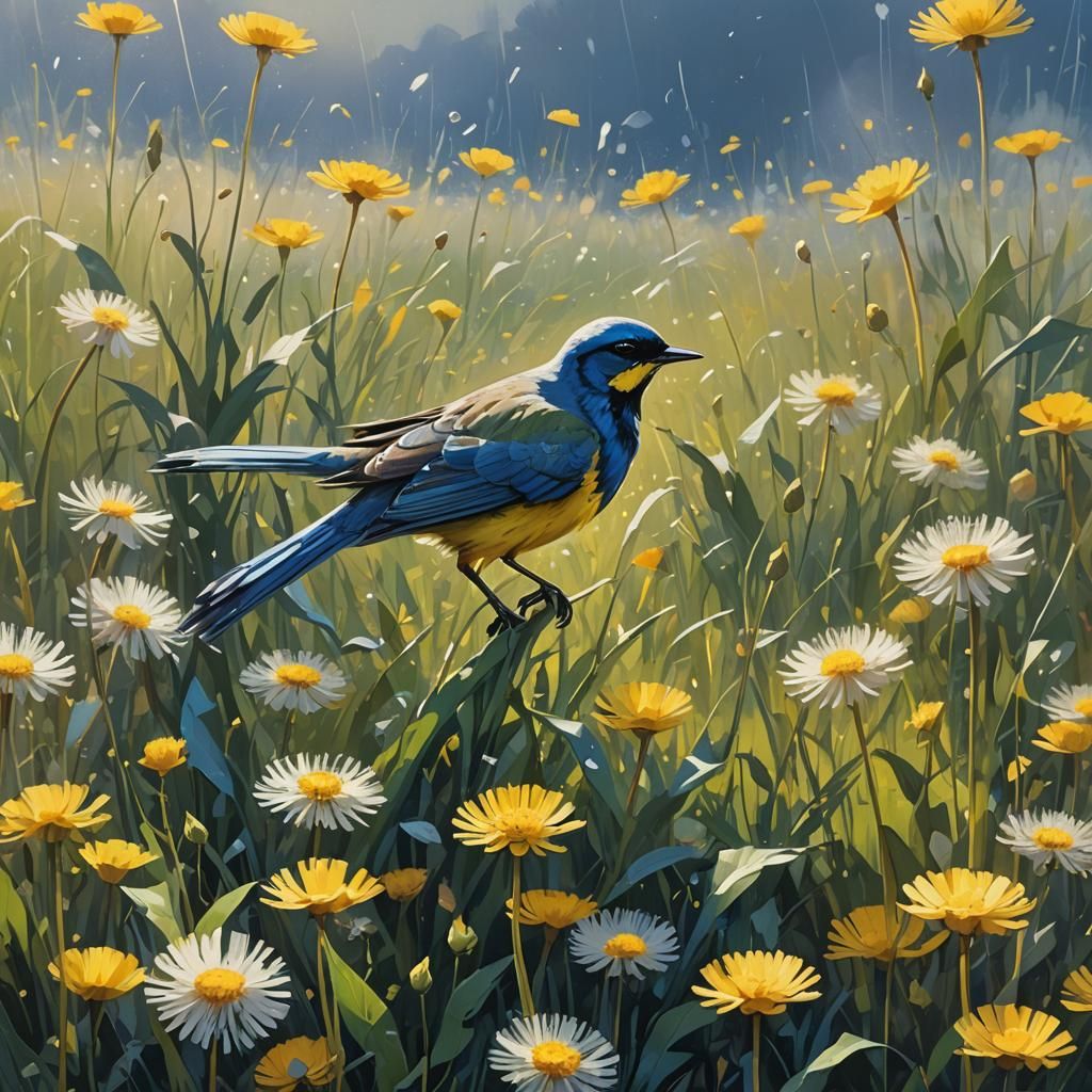 Whimsical Bird in a Field of Dandelions Fantasy Landscape