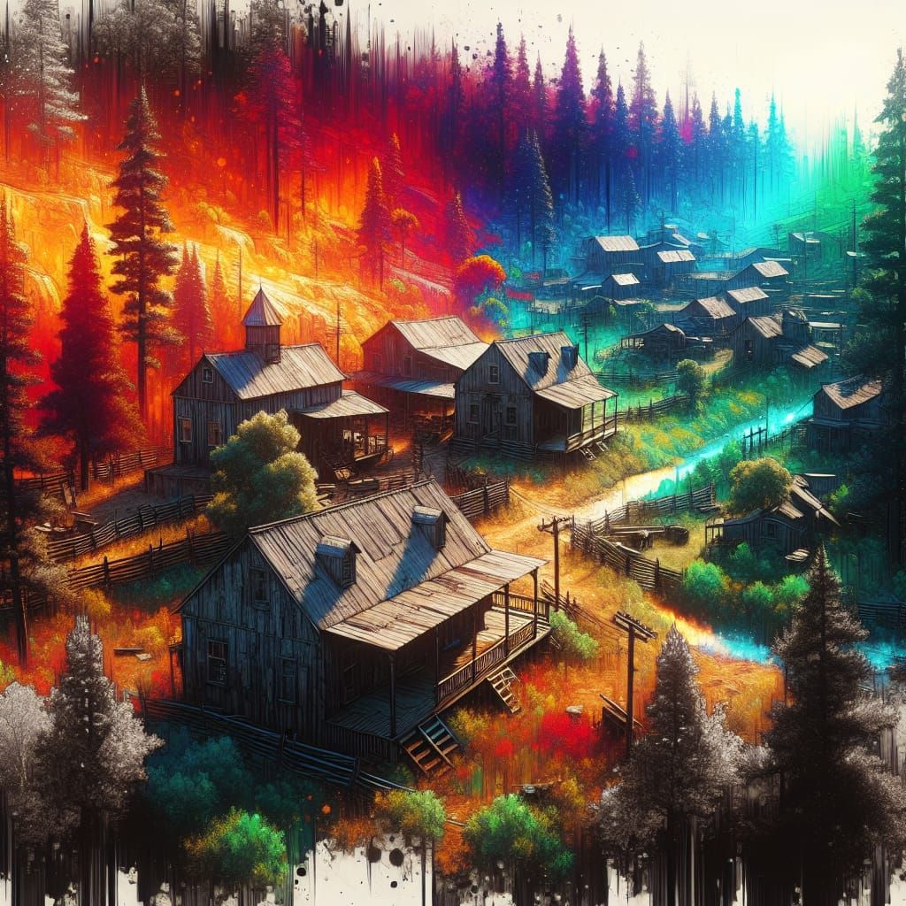 Frontier Town at the Edge of a Mighty Forest: Hyperrealistic...