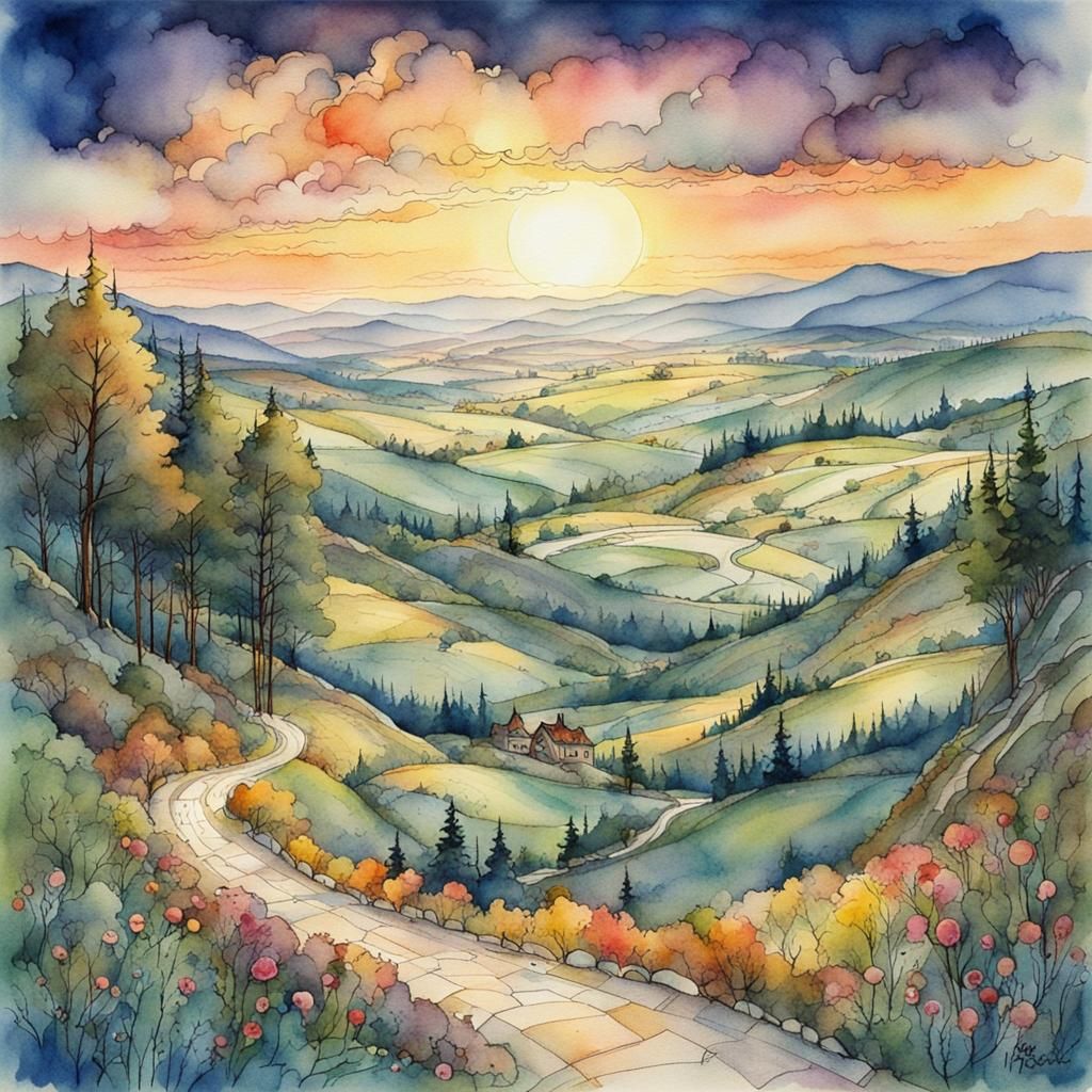 Enchanting Sunset in a Quaint Valley Landscape