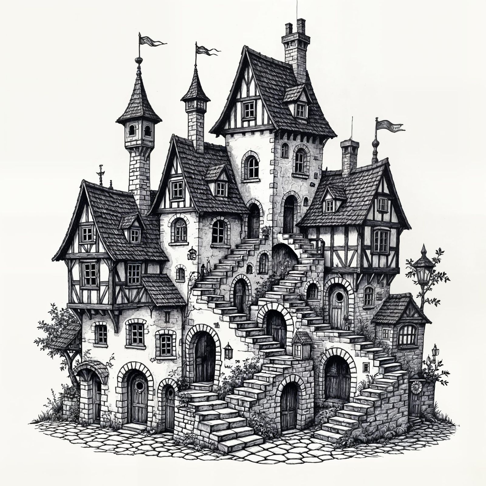 Whimsical Village in Ink Drawing Style