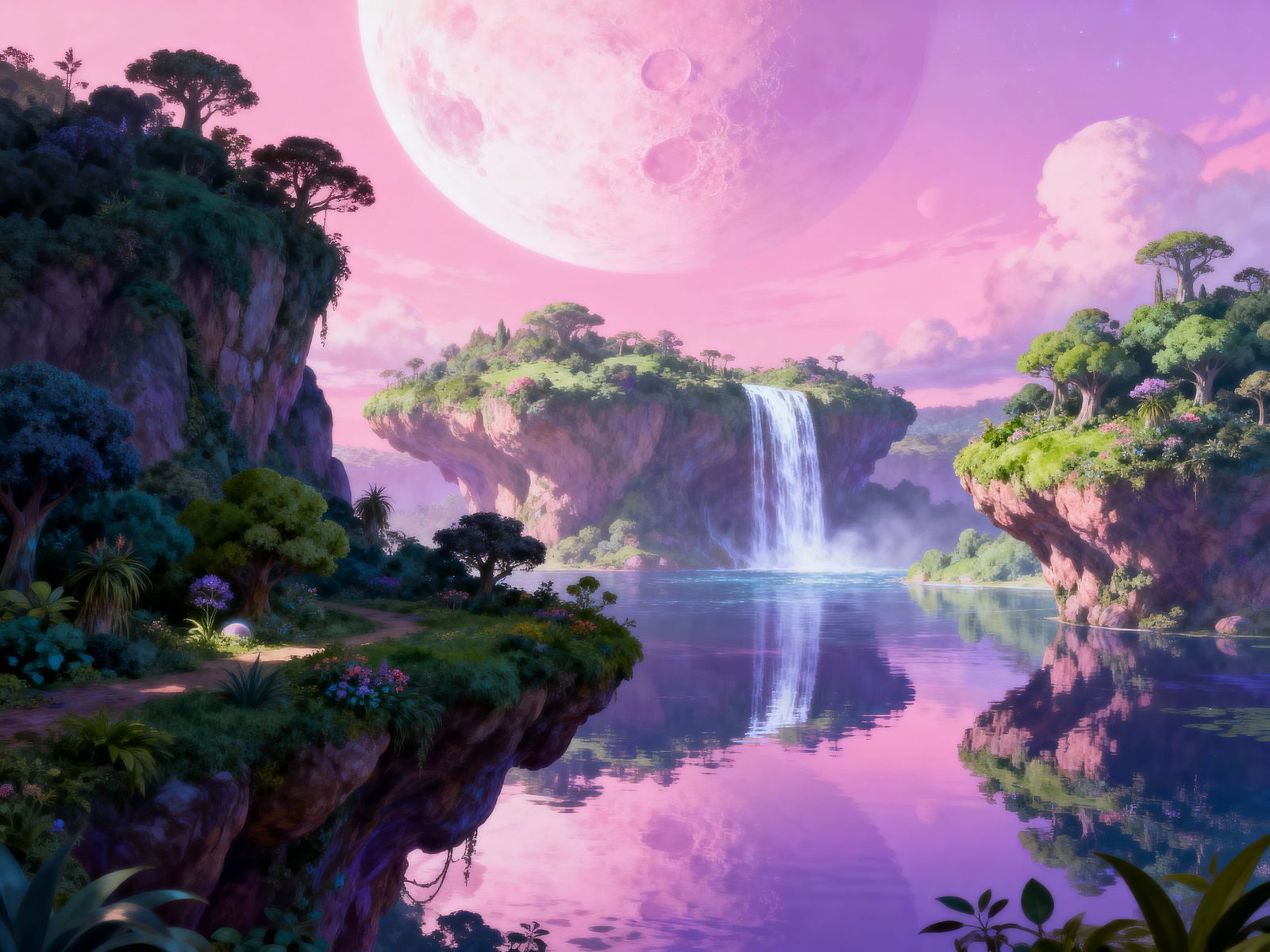 Mystical Floating Island with Waterfall and Enchanting Moon