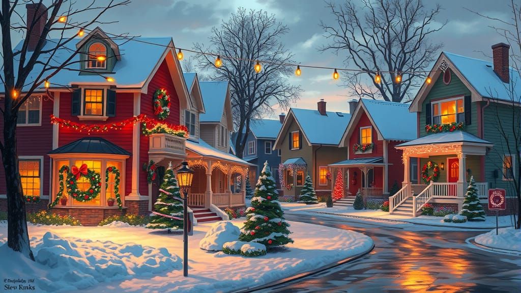 Cozy Winter Village Scene in Whimsical Style