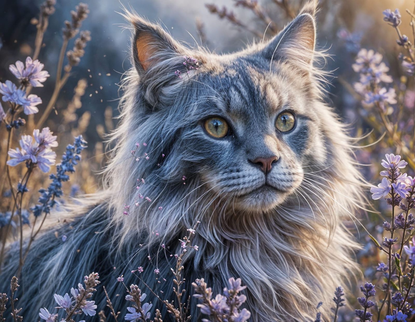 Maine Coon Surrounded by Lavender, Watercolor Painting
