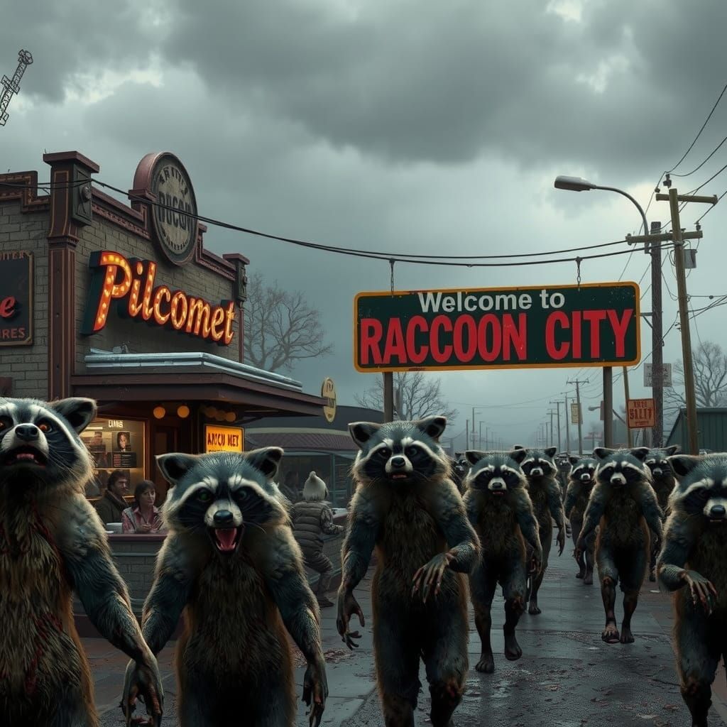 Raccoon-Zombie Apocalypse in Decaying Town, Horror Style