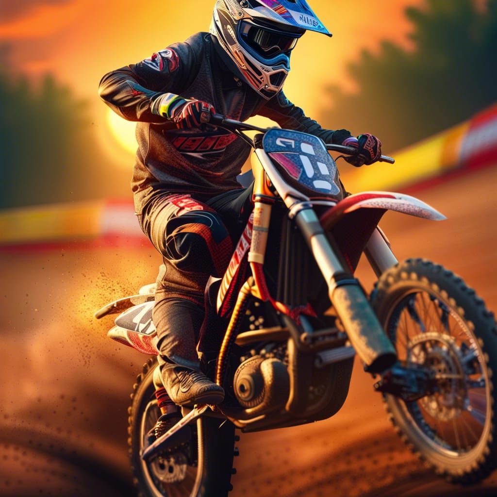 Motocross Rider in Mid Flight, Sunset Track