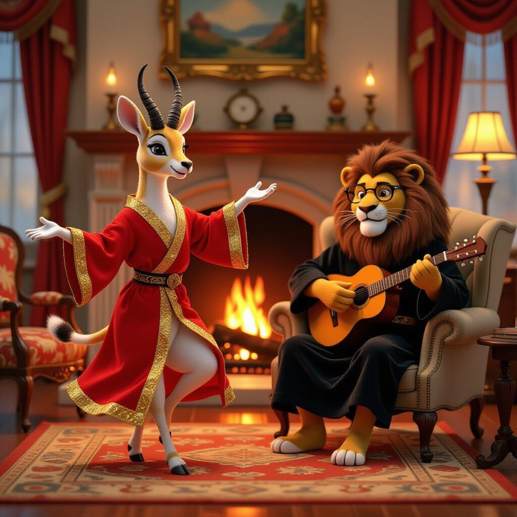 Gazelle Dances by Fireplace, Lion Plays Guitar