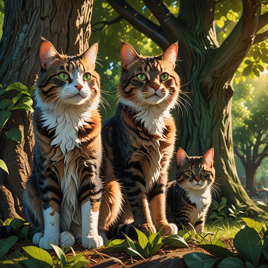 Three Generations of Cats in Lush Greenery