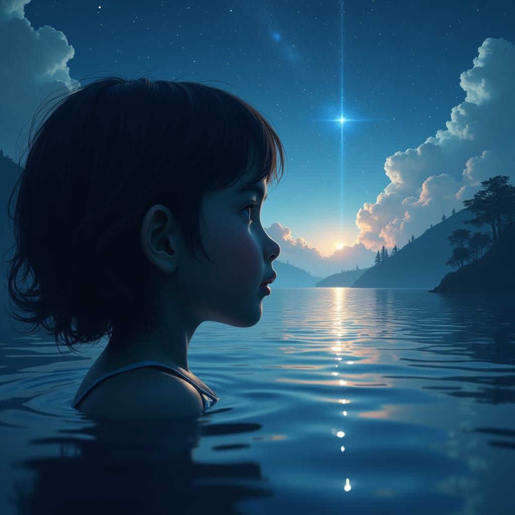 Serene Child Silhouette Against a Peaceful Nighttime River