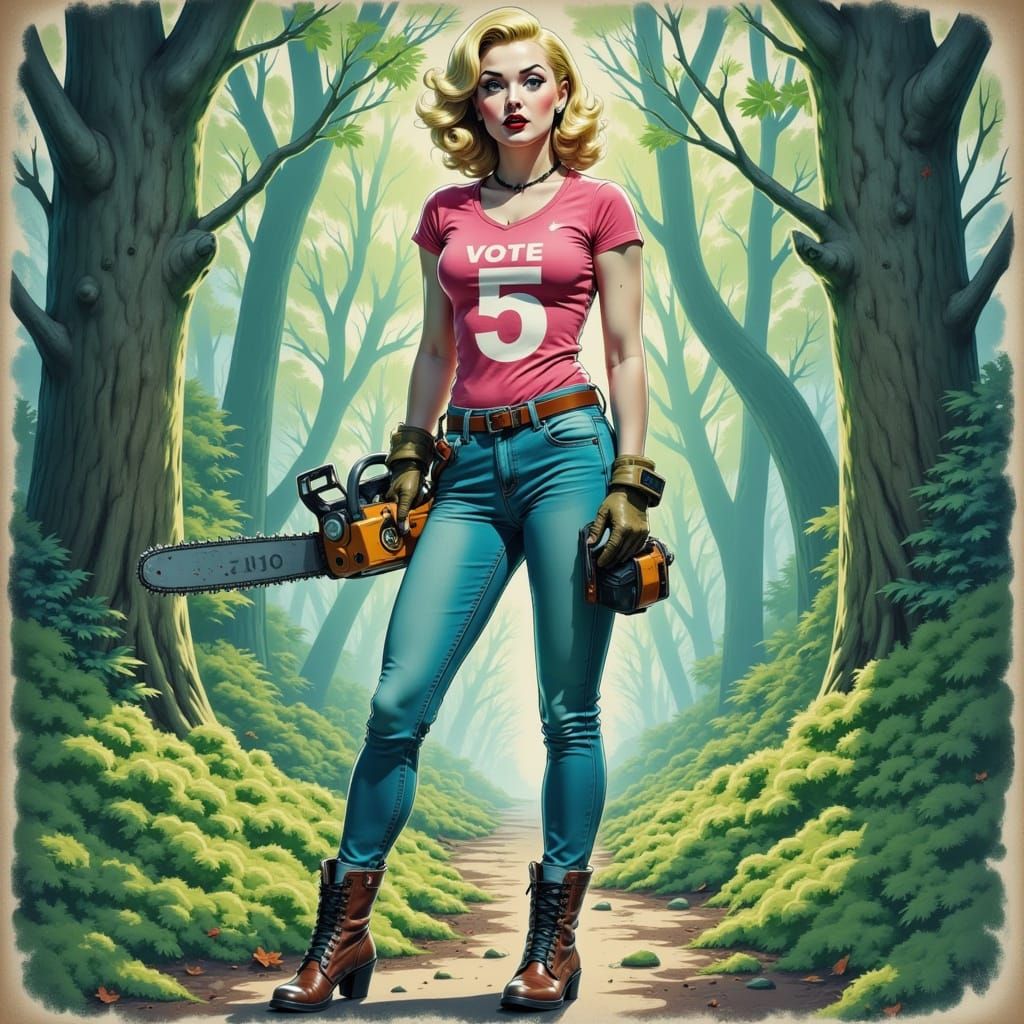 Futuristic Woman Wields Chainsaw in Lush Forest Landscape
